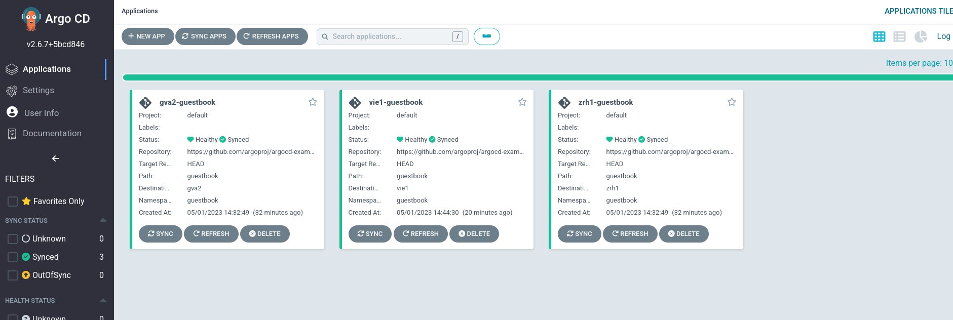 Les applications sont créées pour chaque cluster et visibles dans l’interface d’ArgoCD